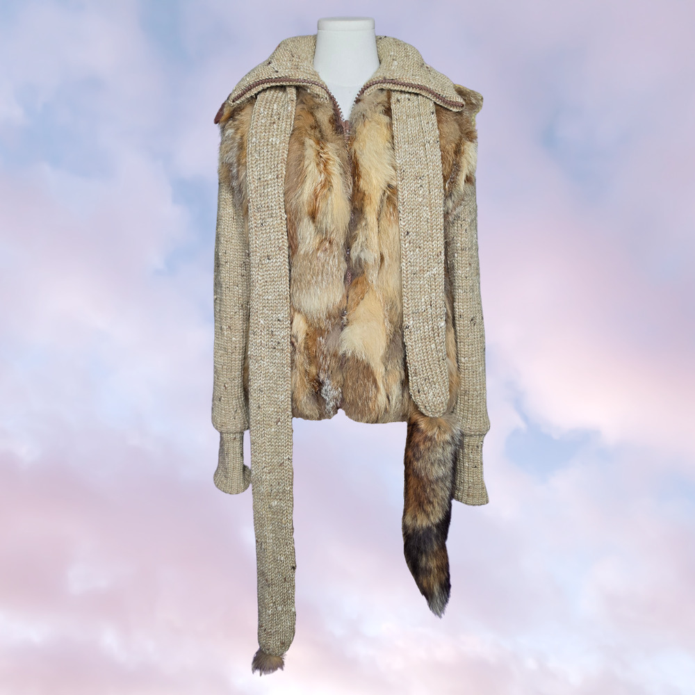 Vintage 1970s Real Fur Patchwork Knit Zip Up Jacket Matching Fur Trim Scarf Set